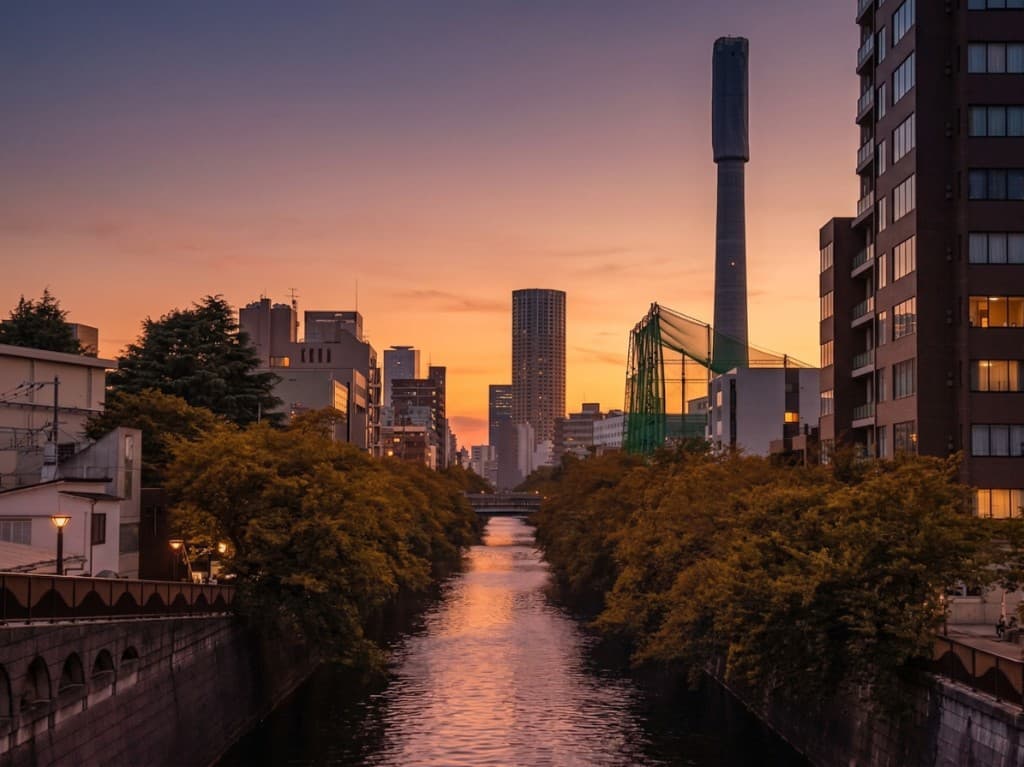 目黒川と目黒駅周辺の夕焼けの街並み
