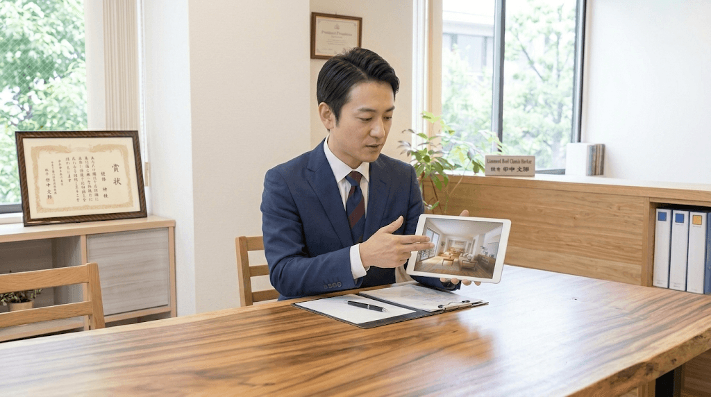 タブレットの室内イメージを指し示しながら物件を提案するコンサルタント